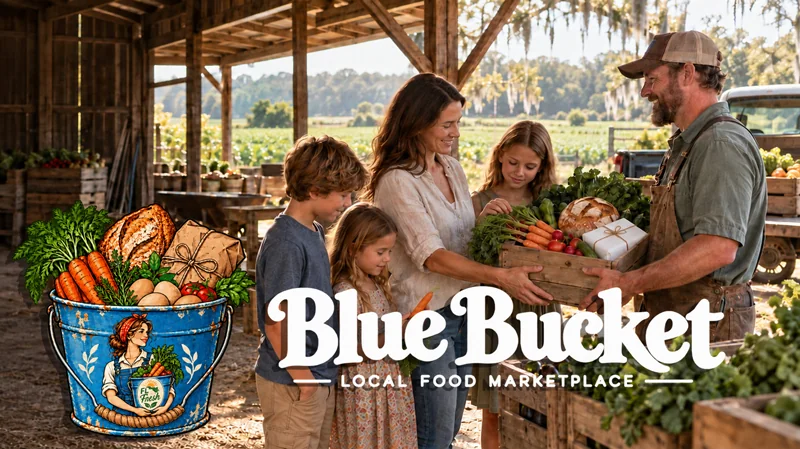 A farmer hands a crate of just-picked vegetables and bread to a family at the barn, with the Blue Bucket Local Food Marketplace logo