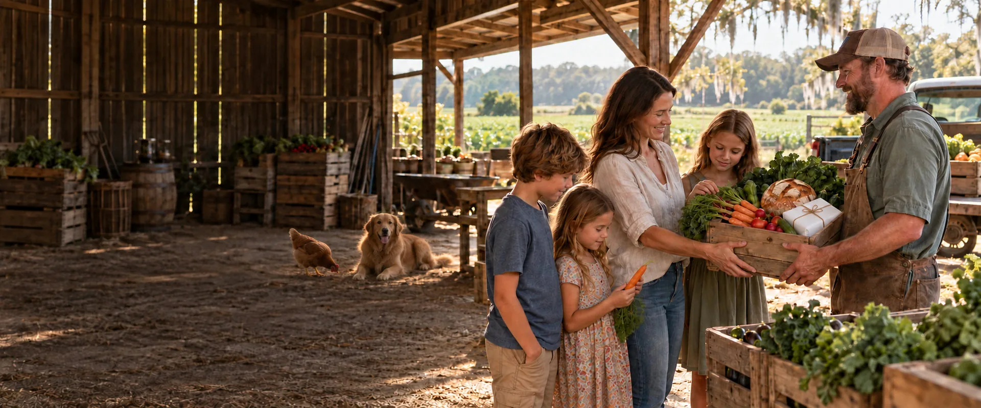 A farmer hands a crate of just-picked vegetables and bread to a mother and her three children beside a barn